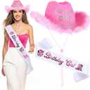 Chicingyou Birthday Girl Cowgirl Hat and Sash for Women Disco Birthday Gift Party Decorations Cowgirl Hot Pink Cowboy Hat for Western Cow Theme Rodeo Retro Horse Party Favors