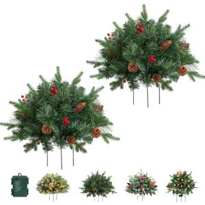 Holiday Planters, Holiday Planter Filler, with red Berries and Pine Cones, Artificial Luminous Christmas Flower with Triangular Stand, for Christmas, Birthday Parties, or as Gifts (2*C)