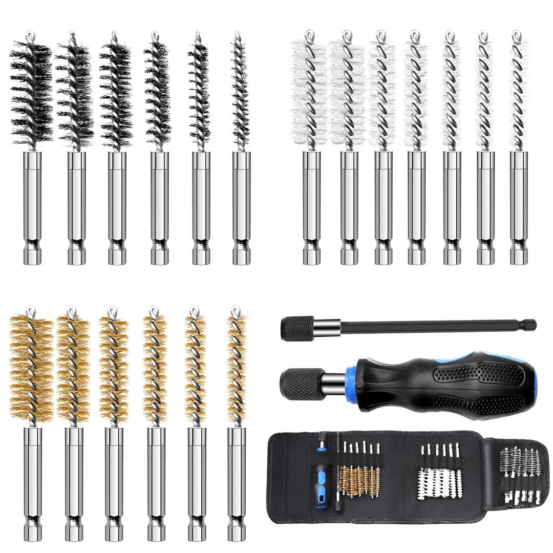 MAXAMN Wire Brush for Drill 18-Pack, Wire Brushes for Cleaning Rust Tube Automotive, Nylon, Brass, Stainless Steel Bristles Bore Brush with 1/4" Hex Shank and Tool Bag for Power Drill Impact Driver