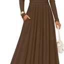 ZESICA Women's Elegant Long Sleeve Maxi Dress 2026 Spring Crewneck Knit High Waist Pleated Flowy A Line Casual Party Dresses (Brown), Large