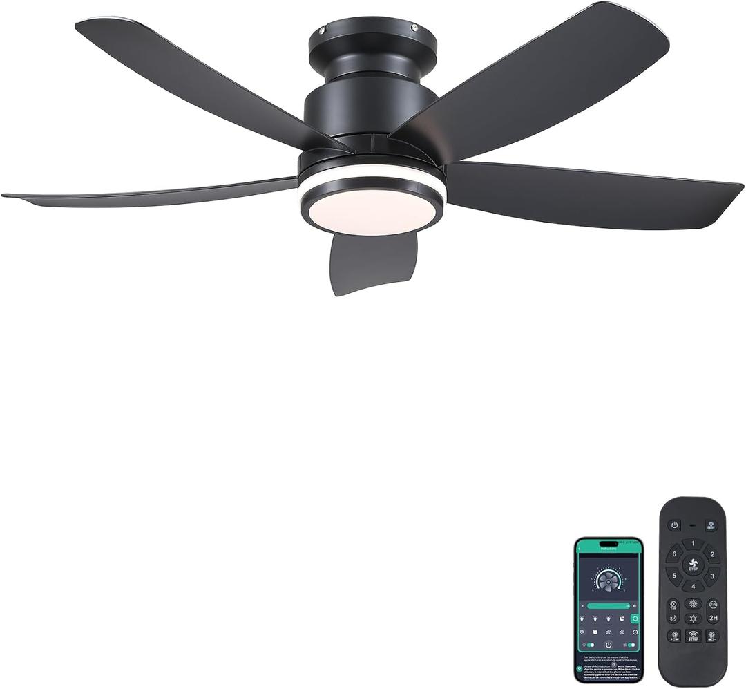 Modern Ceiling Fans with Lights and Remote/APP Control, 41 inch Flush Mount Ceiling Fan with Ring Lights, LED 3 CCT Dimmable 5 Reversible Curved Blades 6 Speeds for Bedroom Living Room, Black