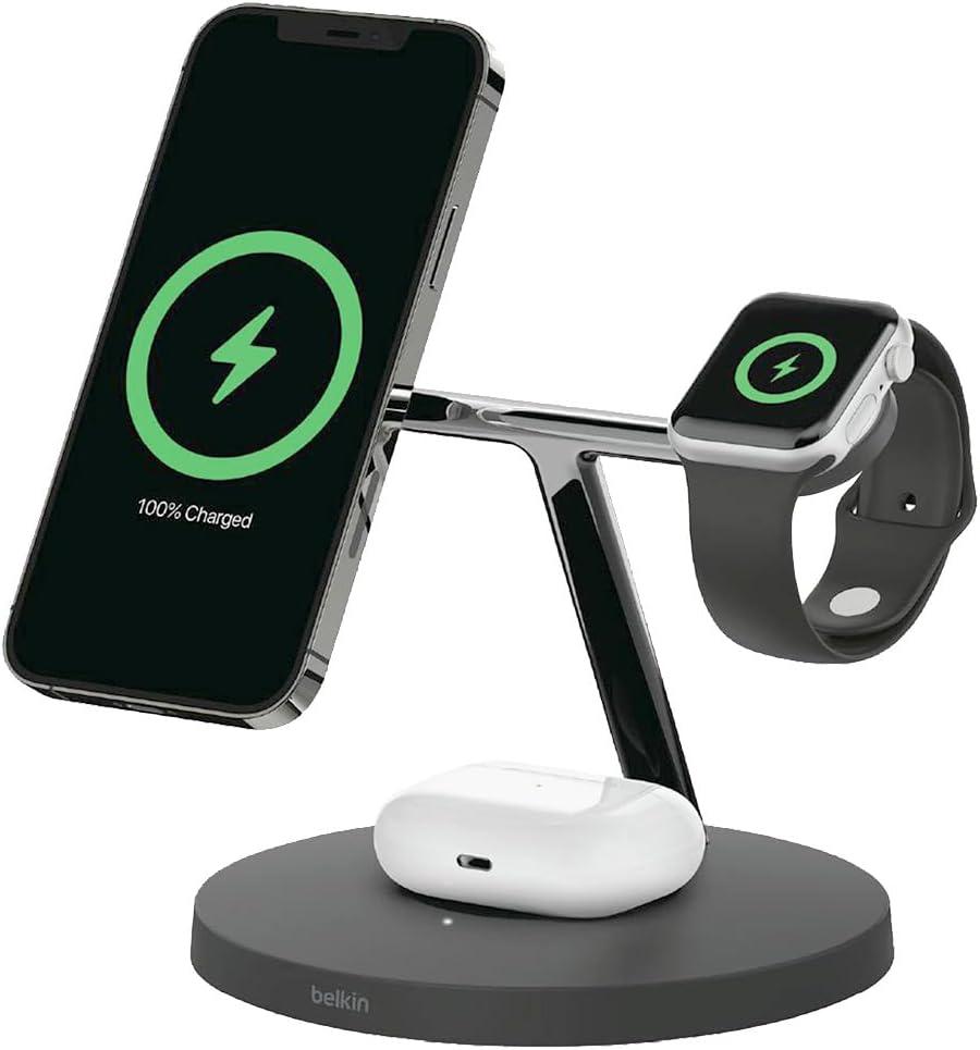 Belkin MagSafe 3-in-1 Wireless Charging Stand (Older 2021 Release) for Apple Watch, iPhone Series, AirPods - Black