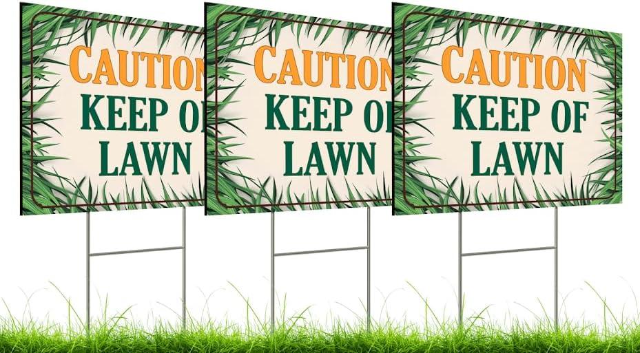 Set of 3 Double Sided 12x8 Inches Plastic Sign With H-Stakes "Caution Keep of Lawn" - Keep Grass Stay Treated Lawn - No Pets on Chemically Treated Yard - Please Do Not Spray Wildlife Habitat