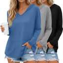Evervibe 3 Pack Women's Long Sleeve Hoodies V Neck Curved Hem Sweatshirts Casual Loose Fit Lightweight Workout Fall Pullovers (Medium, Haze Blue, Gray, Black)
