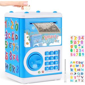 Piggy Bank for Kids, Electronic Mini ATM Bank with Password for Boys Girls, Money Saving Box with Auto Grab Bill Slot, Cash Coin Can Money Safe Toy, Birthday for Age 3-12, Blue, 5.3 x 7.9 x 5.5 inches