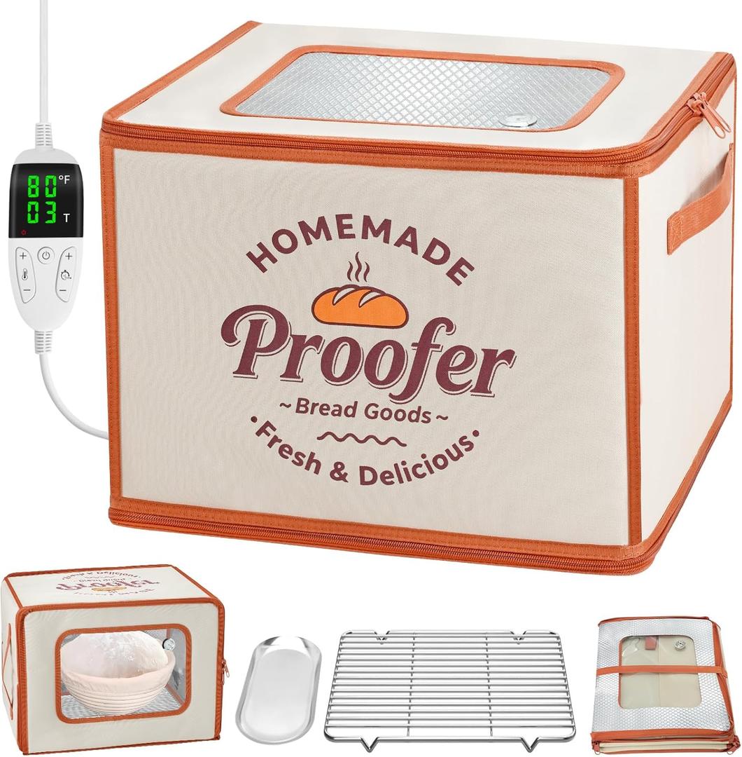 Foldable Bread Proofing Box, JOCXSPI 4-Sided Heating Dough Proofer for Sourdough Starter, 68131F Temp Control, 99H Timer, Metal Rack, Water Tray, Humidor for Pizza, Yogurt, Kombucha, Baking (Beige)