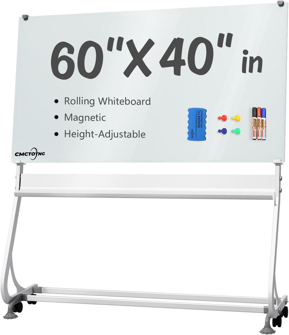 Rolling Magnetic Glass Whiteboard Standing - Large Portable Wheels Dry Erase White Board Stand with Strong Magnets, Ideal for Office, Home and Classroom(40'' X 60'')