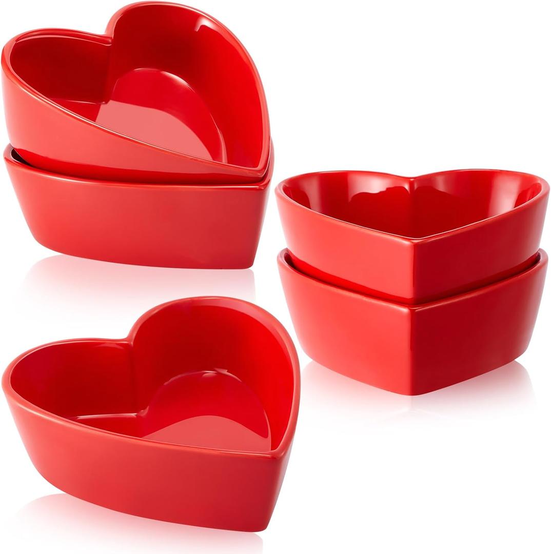 Skylety 4 Pcs Heart Shaped Bowls 5. 5" l x 5. 7" w x 2" h Valentine Ceramic Dessert Bowls Salad Kitchenware Cooking Gifts for Serving Dipping Seasoning Wedding Anniversary(Red)