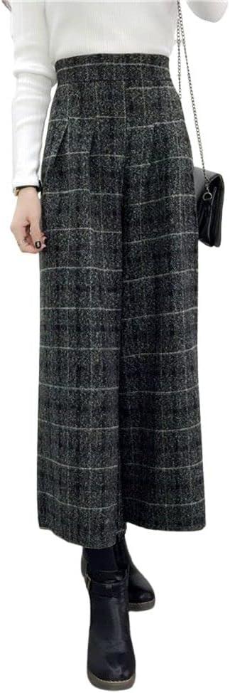 chouyatou Women's Winter High Waist Wide Leg Plaid Wool Blend Palazzo Capri Pants Culottes with Pockets (Medium)