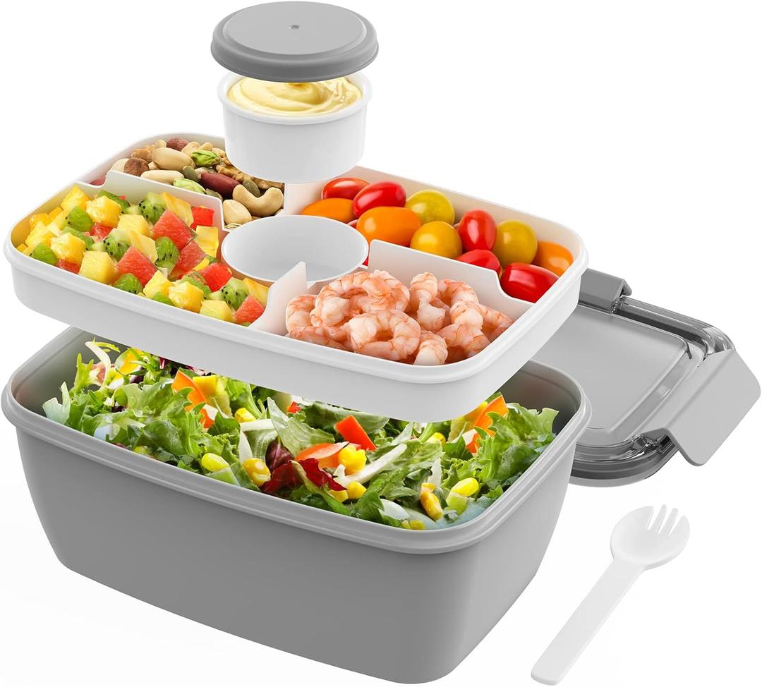 Cherrysea Salad Lunch Container, 68oz Salad Bowls with 4 Compartments Tray,Leak Proof Lunch Box with Fork for Men,Women BPA-Free Snack Container with Sauce Container for Dressings-Grey (Gray)