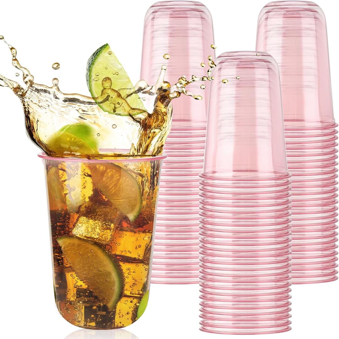50pcs 500ml/16oz Disposable Stemless Glasses,PET Disposable Drinking Cups,Cold Party Clear Plastic Glasses for Parties Birthday,Wedding,Meeting,Christmas Party Supplies. (Pink)