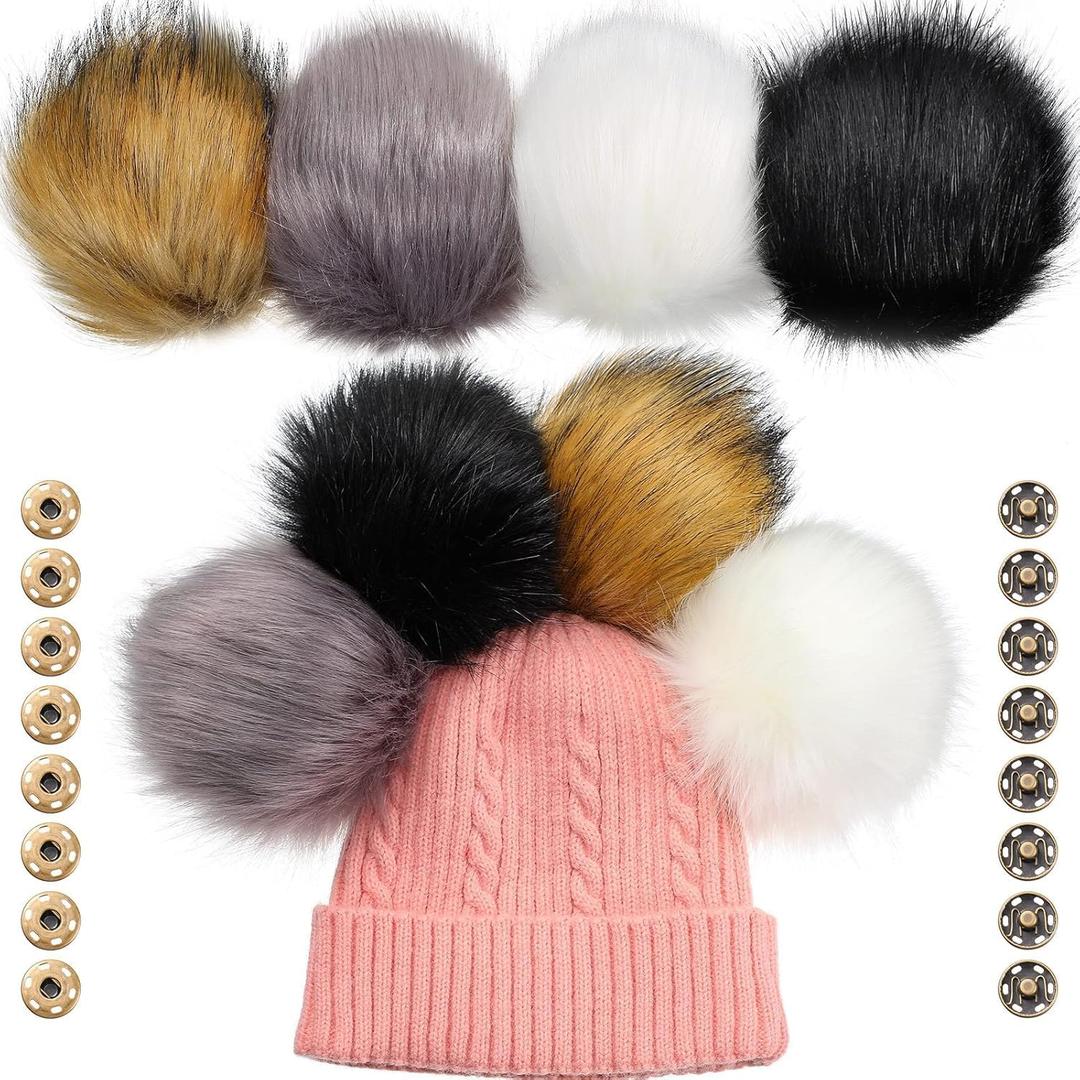 Juinte 4 Pcs 6 Inch Large Fur Pom Pom Balls for Hats Fluffy Faux Fur Pompom Balls with Snap Button for Hat Shoes Scarves Bag Charms DIY Crafts (Classic Color)