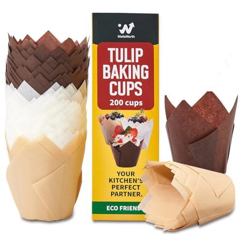 200PCS Tulip Cupcake Liners, Unbleached Standard Size Parchment Cupcake Liners, Food Grade Greaseproof Muffin Liners, Cupcake Wrapper for Baking, Party, Birthday, Christmas