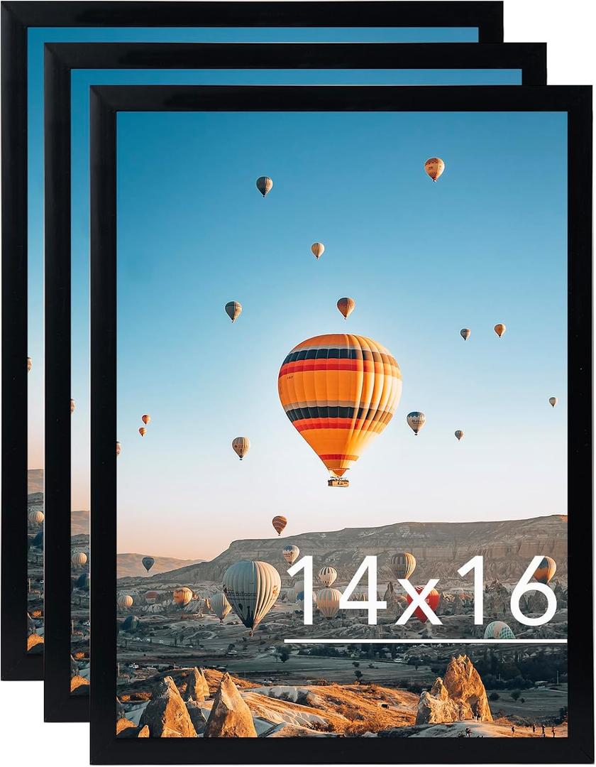 JCJMY 14x16 Picture Frame Set of 3 Black for Poster Photo Picture, Horizontal and Vertical Formats for Wall Hanging, 14 x 16 Wall Poster Photo Frame for 14 by 16 Photos Posters, 3 Pack, Black