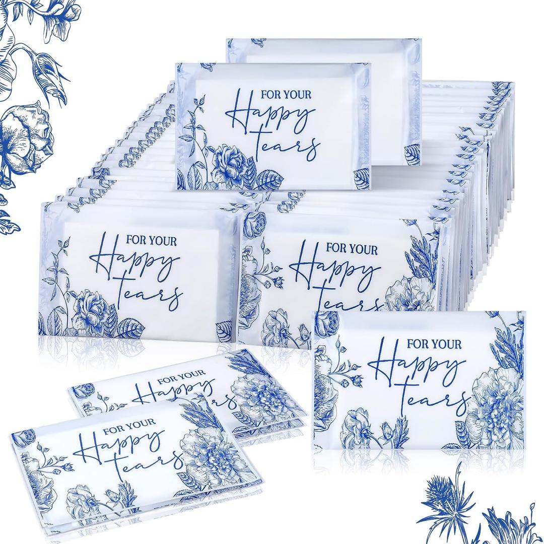 Yinder 60 Bulk Happy Tears Tissue Packs for Wedding 3 Ply Pocket Size Tissues Packs for Guests Facial Individual Wedding Favors Party Supplies Travel Graduation Celebration(Blue Flower)
