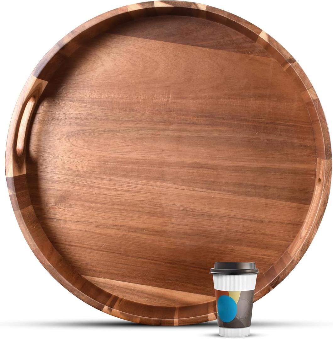 Extra Large Round Serving Tray, 20INCH, Heavy Duty Acacia Wood Trays for Big Ottoman Coffee Table Counter Giant Decorative Organizer Tray, Huge Kitchen Serveware Cheese Board Charcuterie Tray
