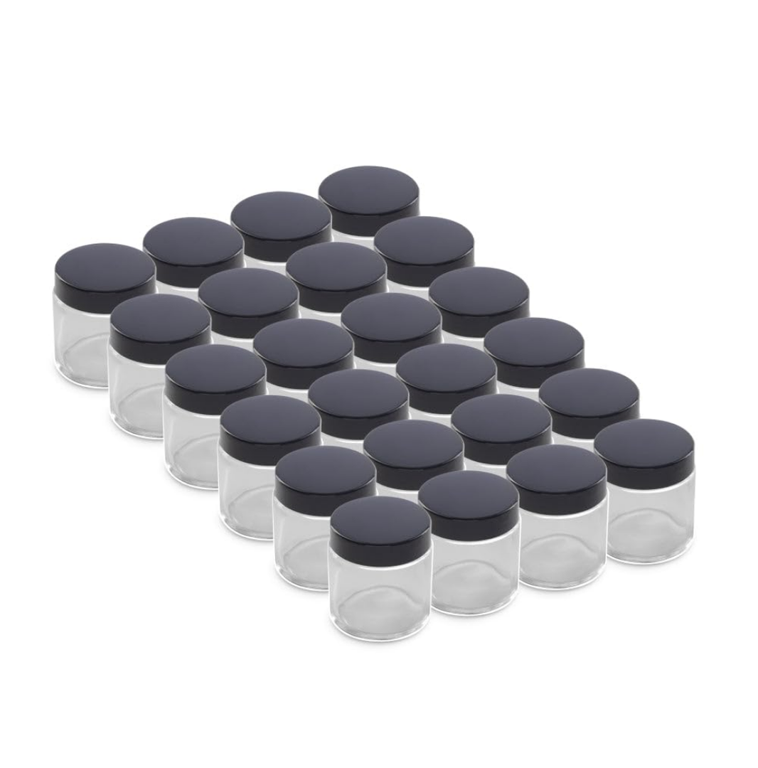27 Pack - 2 oz Glass Jars with Black Lids - Clear