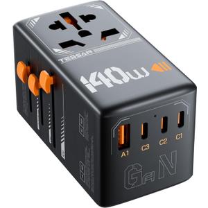TESSAN 140W GaN Universal Travel Adapter, International Plug Adaptor with 3 USB C and 1 USB A Charging Ports, Worldwide Power Outlet for US to Europe UK AUS Ireland(Type C/G/A/I), Black