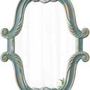 Vintage Oval Mirrors for Wall Decor 16 x 23 inch, Hanging Distressed Small Turquoise Wall Art, Rustic Blue Scalloped Wood Mirror for Entryway Bathroom Living Room, Horizontal or Vertical
