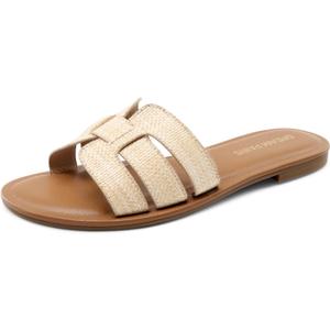DREAM PAIRS Women's Dressy Slide Sandals Slip-on Open Round Toe Flat Sandals Fashion Casual Comfortable Summer Beach Walking Slides (7.5, Nude-raffia)