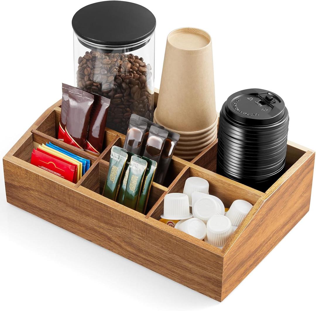 ALELION Acacia Wood Coffee Station Organizer for Countertop  7 Compartments Coffee Bar Accessories and Organizer with Removable Dividers  Coffee and Tea Condiment storage Organizer