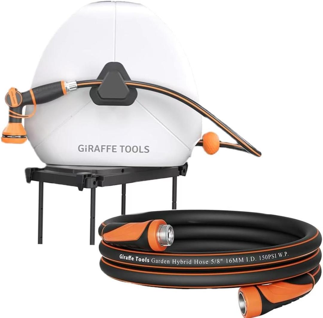 Giraffe Tools Ground Mounted Retractable Hose Reel 5/8 Inch x 92FT, Heavy Duty Automatic Rewind Garden Hose Reel and Garden Leader Hose 10ft x 5/8", Short Water Hose Heavy Duty