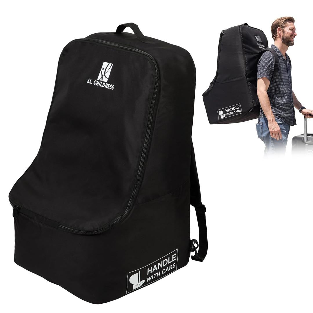 J.L. Childress Padded Backpack Car Seat Bag - Travel Bag for Airplane, Fits Most Baby & Infant Car Seats, Boosters, & Carriers, Accessories for Gate or Baggage Check, AirTag Compatible - Deluxe, Black