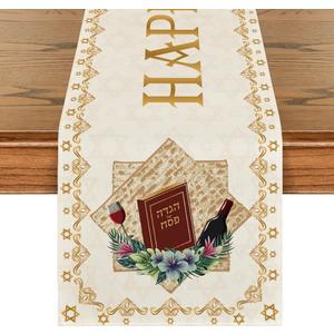 Artoid Mode Beige Pesach Star of David Happy Passover Table Runner, Seasonal Book Kitchen Dining Table Decoration for Home Party Decor 13x72 Inch