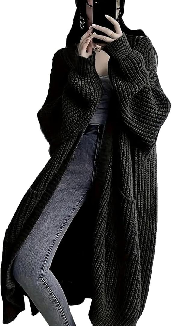 Womens Long Cardigan Sweaters Open Front Oversized Duster with Pocket for Women 2025 Fall Winter Knit Design Coats (Medium, Black)