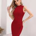 Missufe Women's Summer Sleeveless Mock Neck Casual Mini Dresses 2026 Bodycon Ruched Cocktail Party Double Lined Dress (Red)