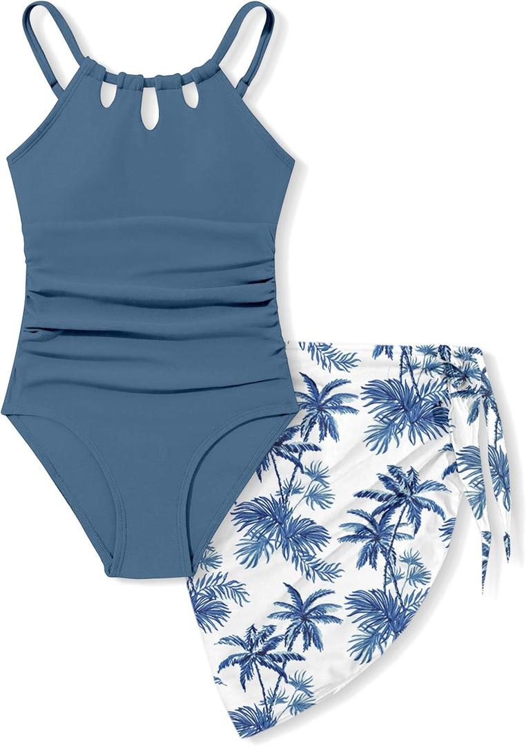 KANGKANG Girls Swimsuit Quick Dry Cut Out One Piece Swimsuits with Tropical Print Cover Up Skirt Bathing Suit Swimwear 7-18Y (9-10 Years, Dark Blue-1)