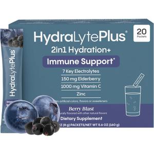 Hydralyte Electrolytes Plus Immunity, Elderberry - Low Sugar Rapid Rehydration Powder - Lightly Sparkling Electrolyte Powder Packets with 1,000mg Vitamin C and 300 mg Elderberry (8oz Serve, 20 Count)