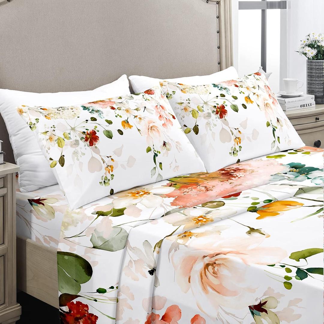 YIYEA Queen Sheet Set, Luxury 1800TC Hotel Quality Double Brushed Microfiber Floral Bed Sheets for Queen Size Bed, Extra Soft, Deep Pocket, Shrinkage and Fade Resistant, 4PC (Queen)