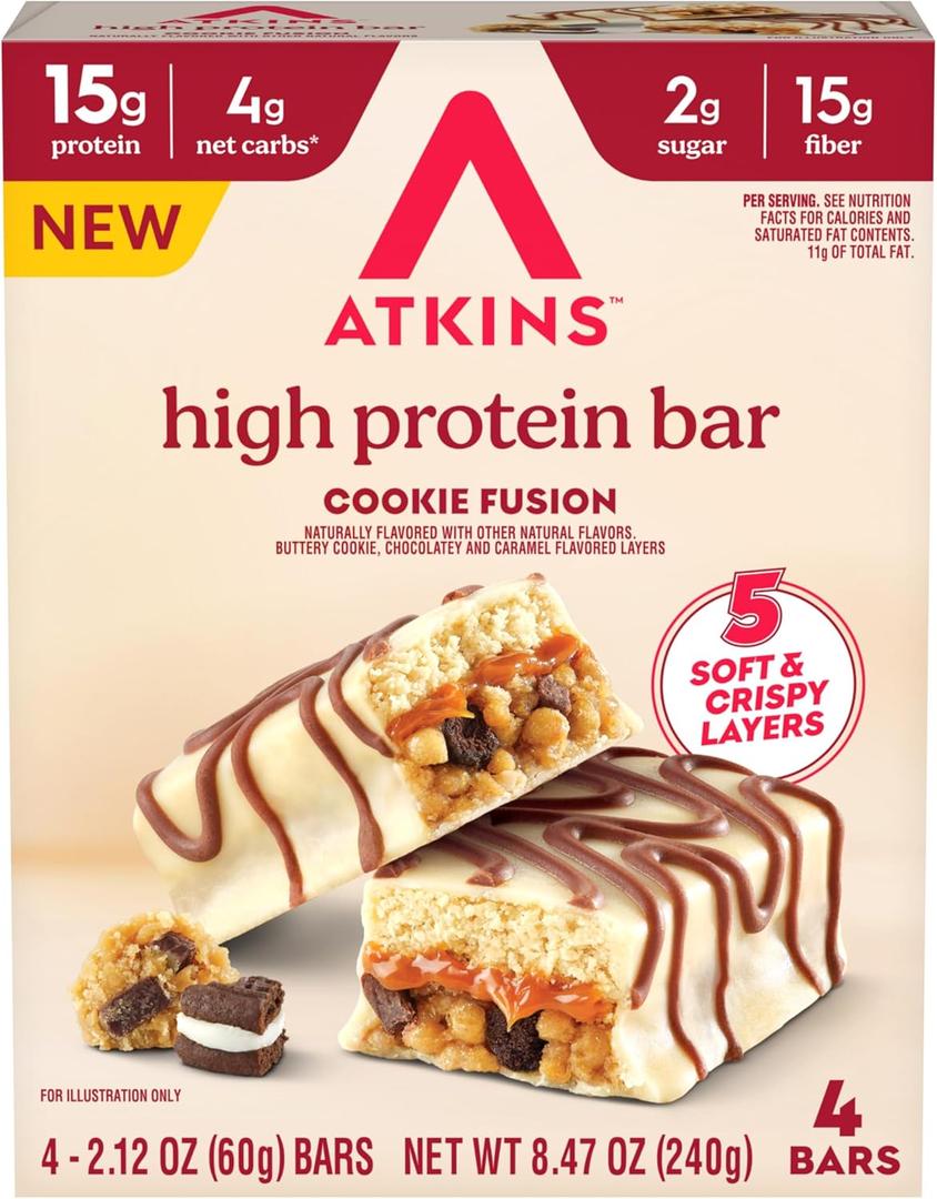 2 x Atkins High Protein Bars, Cookie Fusion Flavor, 15g of Protein, 4g Net Carbs, Keto Protein Bars, Low Sugar, 4 Count