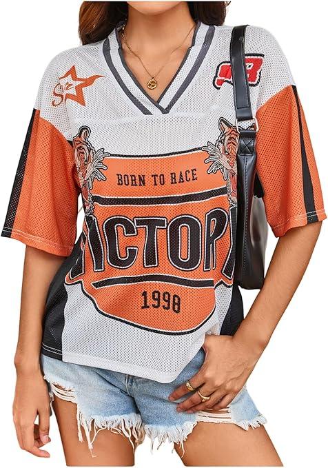 RoseSeek Women's Number Print Mesh Jersey Shirt Color Block V Neck Short Sleeve Football T-Shirt, M