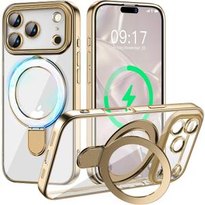 Magnetic for iPhone 17 Pro Max Case with Invisible Stand[Compatible with MagSafe][Full Camera Lens Protector][Military Drop Protection] Shockproof Not Yellowing Clear Slim Soft for Women Men (Gold)