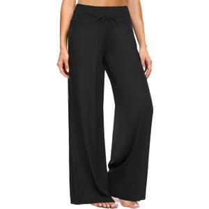 ZOOSIXX Soft Black Pajama Pants for Women, Wide Leg Comfy Casual Lounge Yoga Capri Pants 22'' / 30'' (Large), Black 