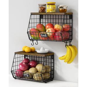 Hanging Wall Fruit Basket for Kitchen Counter 2 Pack, Stackable Wire Baskets for Organizing with Wood Lid, Potato and Onion Storage Bin with Banana Hook for Vegetable Produce, Black + Rustic