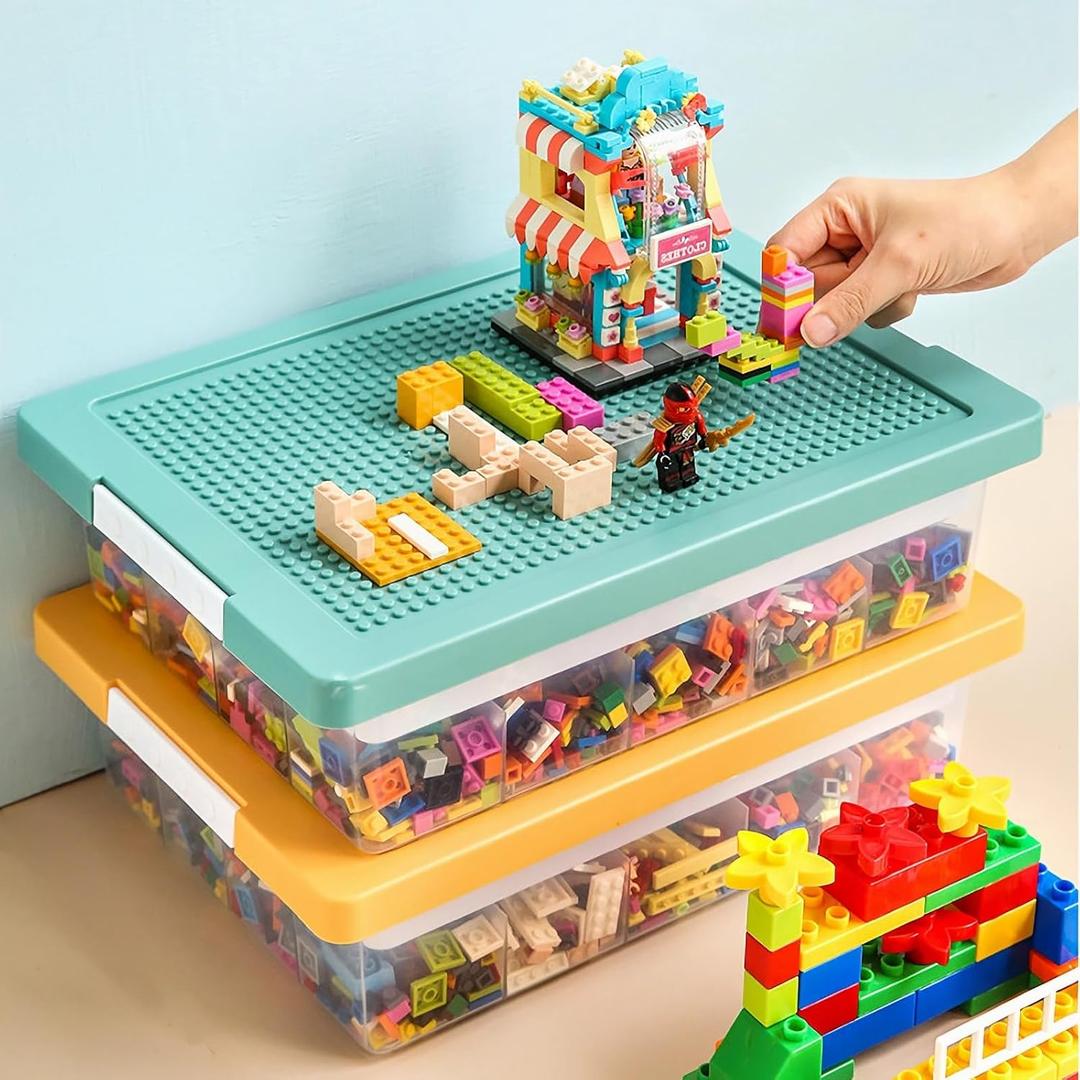 Toys Storage Organizer Box for Lego, Toy Storage Box with Building Plate Lid and Removable Tray, Building Block Storage, Stackable Plastic Organizer Bins(Green) (Green-1 Pack)