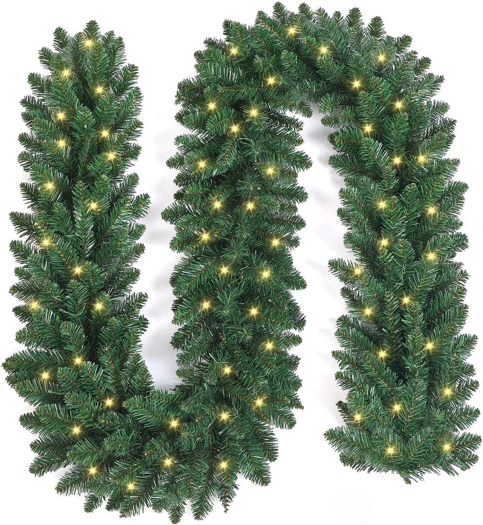 9ft Christmas Garland with LED Lights Battery Operated, Prelit Xmas Garland for Mantle, Fireplace, Stairs Railing, Artificial Christmas Garland Indoor and Outdoor Decorations (Simple Green)