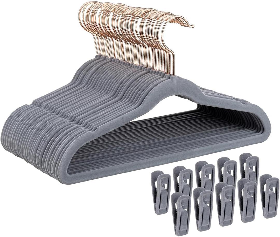 Tonswachic Kids Velvet Hangers 30 Pack - 14 Inch Premium Non Slip Kids Felt Hanger for Clothes - Ultra Thin Baby Felt Hangers for Youth Childrens' Closet with 10 Hanger Clips - Gray
