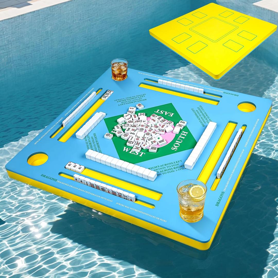 Floating Mahjong Table, 32.5in Pool Mahjong Table Floating Tary with Drink Holders Waterproof Double-Sided Floating Game Table for Mahjong Poker Card Dominoes, Cool Summer Family Pool Party, 32x32 Inch