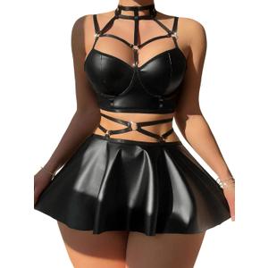 Sexy Strappy Leather Underwire Mini Choker Lingerie Set Skirts Dress with Thong 3 Piece Outfits (Medium, Matte Black)