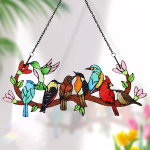 Huray Rayho Birds On Branch Stained Glass Suncatcher Cardinal Hummingbird Kingfisher Double Side Glass Panel Window Hanging Decor Bird Ornament Bird Lover Gift for Mom Grandma