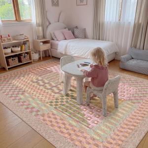 Kokia 9x12 Modern Geometric Washable Area Rug, Non-Slip Stain-Resistant Low Pile Rugs for Girls Bedroom, Living Room, Dining Room, Pink and Purple (Mauve/Lilac/Butter/Light Sage)
