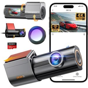 Dash Cam Front and Rear 4K, Built-in 5GHz WiFi with CPL, Dual Dashcams for Cars with 64GB Card, 24H Parking Mode, WDR, Ultra HD Night Vision, G-Sensor, Loop Recording, App Control, Support 256GB Max