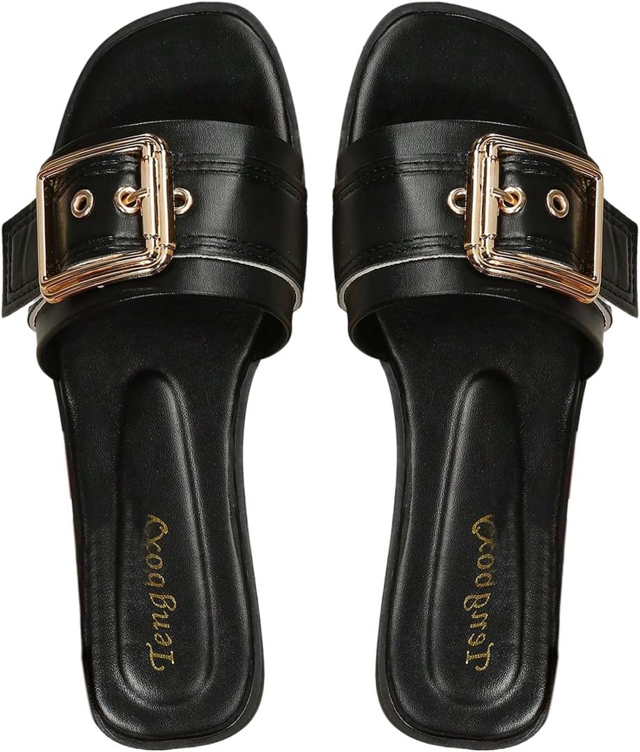 OYOANGLE Women's Summer Dressy Slide Sandals Buckle Single Band Slip on Leather Flat Sandal, 7.5