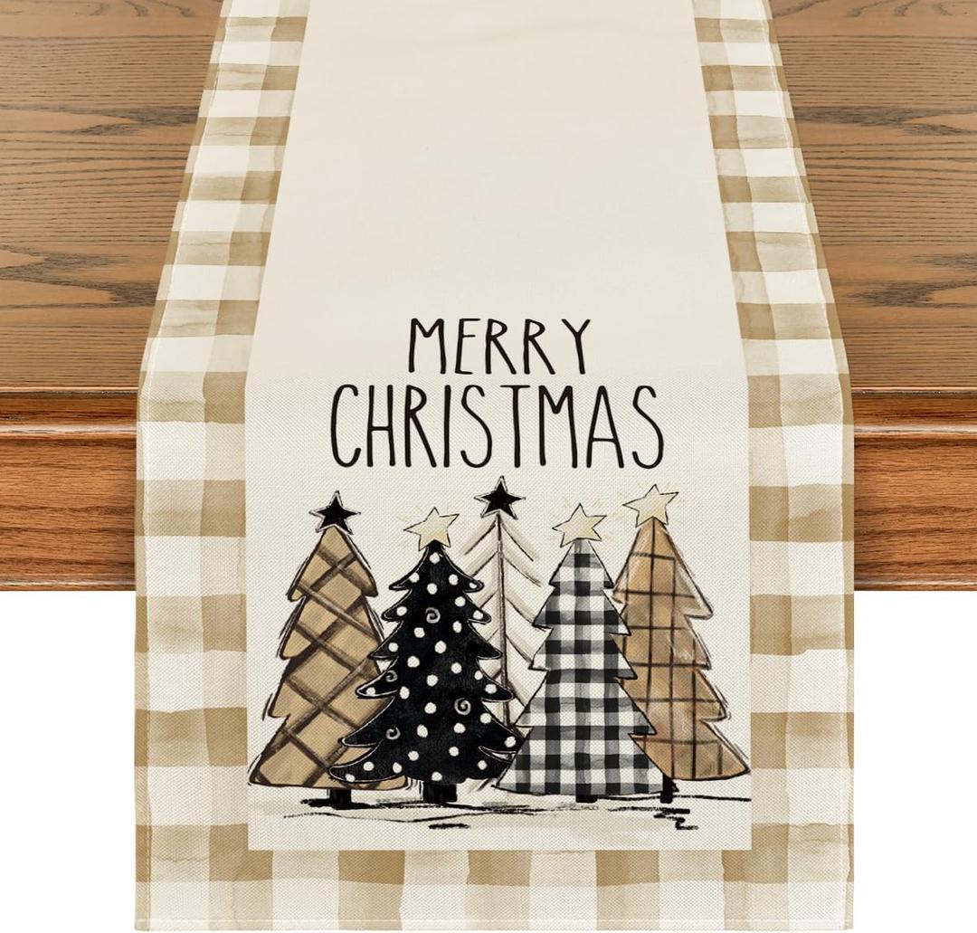 Artoid Mode Watercolor Brown Buffalo Plaid Christmas Trees Merry Xmas Table Runner, Seasonal Winter Holiday Kitchen Dining Table Decoration for Home Party Decor 13 x 60 Inch