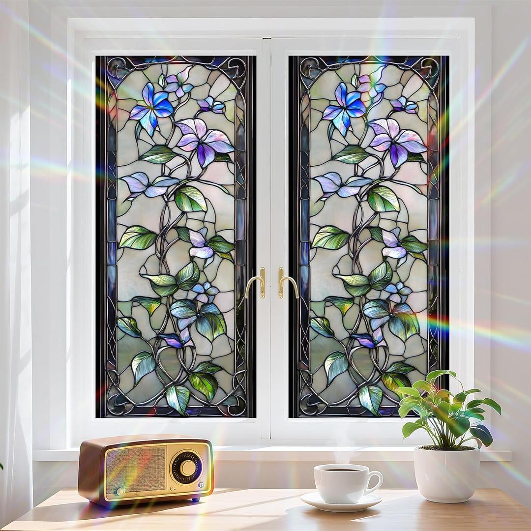 Floral Window Privacy Film Stained Glass Style Static Cling Sparkle Windows Sticker Non Adhesive Privacy Film Reusable Decorative for Room 17.5 x 39.3in (Flower 2)