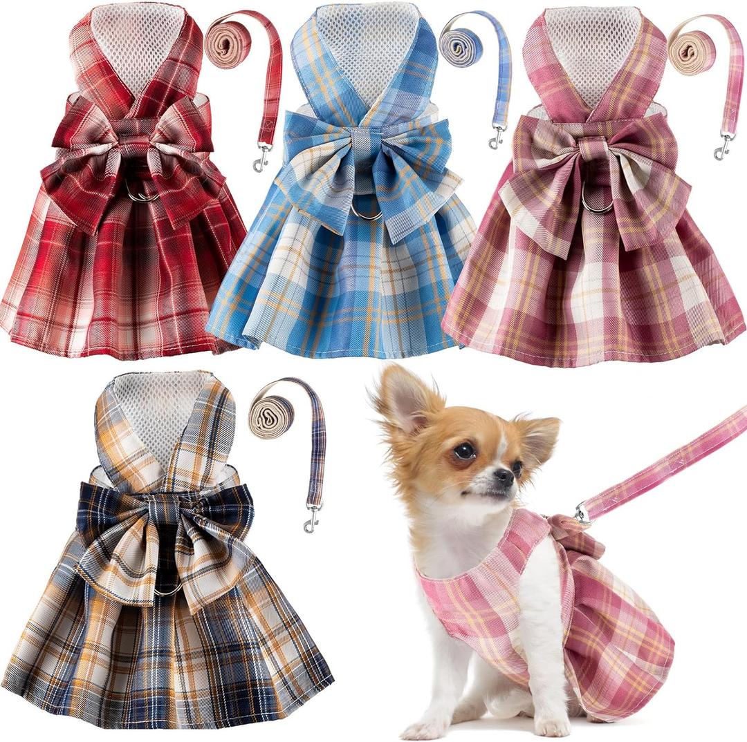 4 Pcs Cute Plaid Dog Dress Set with Bow Tie Harness & Leash for Small Dogs, Puppy Clothes for Girls Summer Outfits, (S,Dark Color)